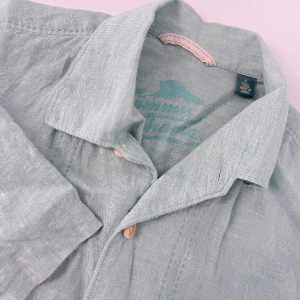 Tommy Bahama Mens Linen Shirt Seafoam Green Size Small Button Down Short Sleeve
